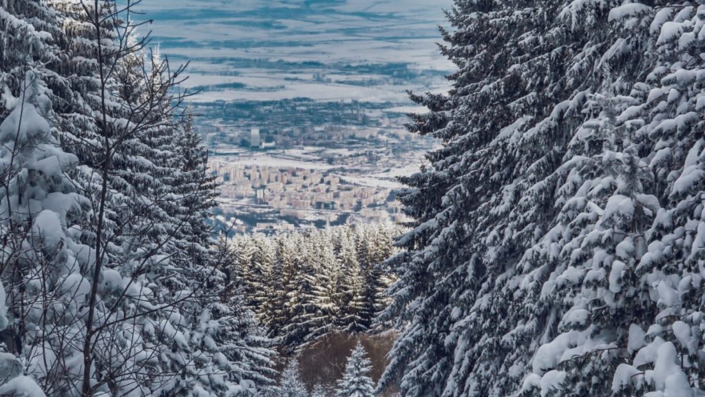 View of the Sofia Bulgaria  from a Vitosha mountain ski slope in Winter.