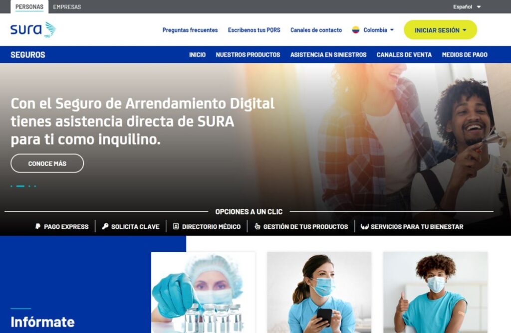screenshot of Sura, the most popular Colombian healthcare provider for expats